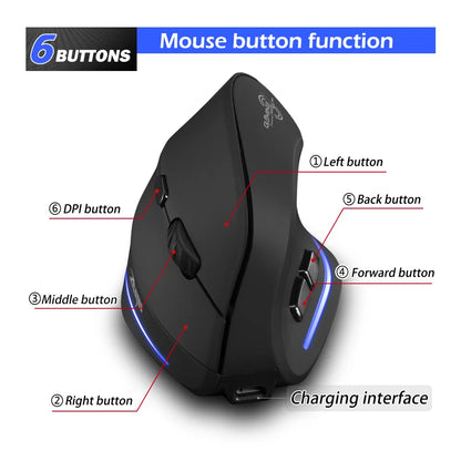 Lefon Ergonomic Wireless Mouse Rechargeable Vertical Mouse with Adjustable DPI 2400/1600/1000 LED Light Mice for Laptop PC MacOS