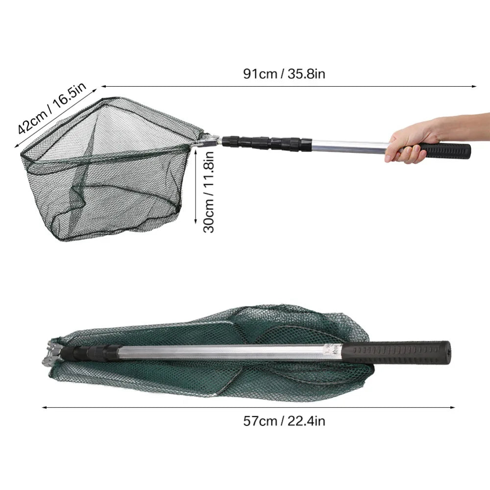 190cm 92cm 55cm Telescopic Landing Net Folding Fishing Pole Extending Fly Carp Course Sea Mesh Fishing Net For Fly Fishing