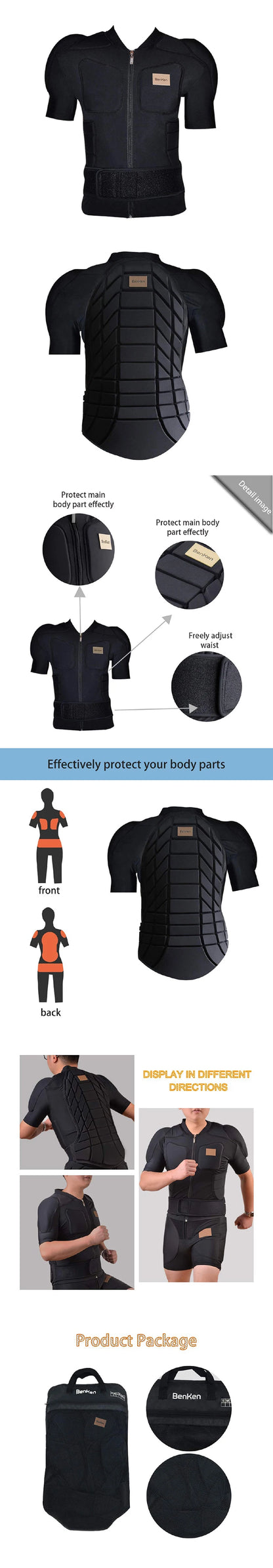 BenKen Ultralight Protective Gear Outdoor Skiing Anti-Collision Anti-Collision Armor Spine Back Protector Sports Shirts Black