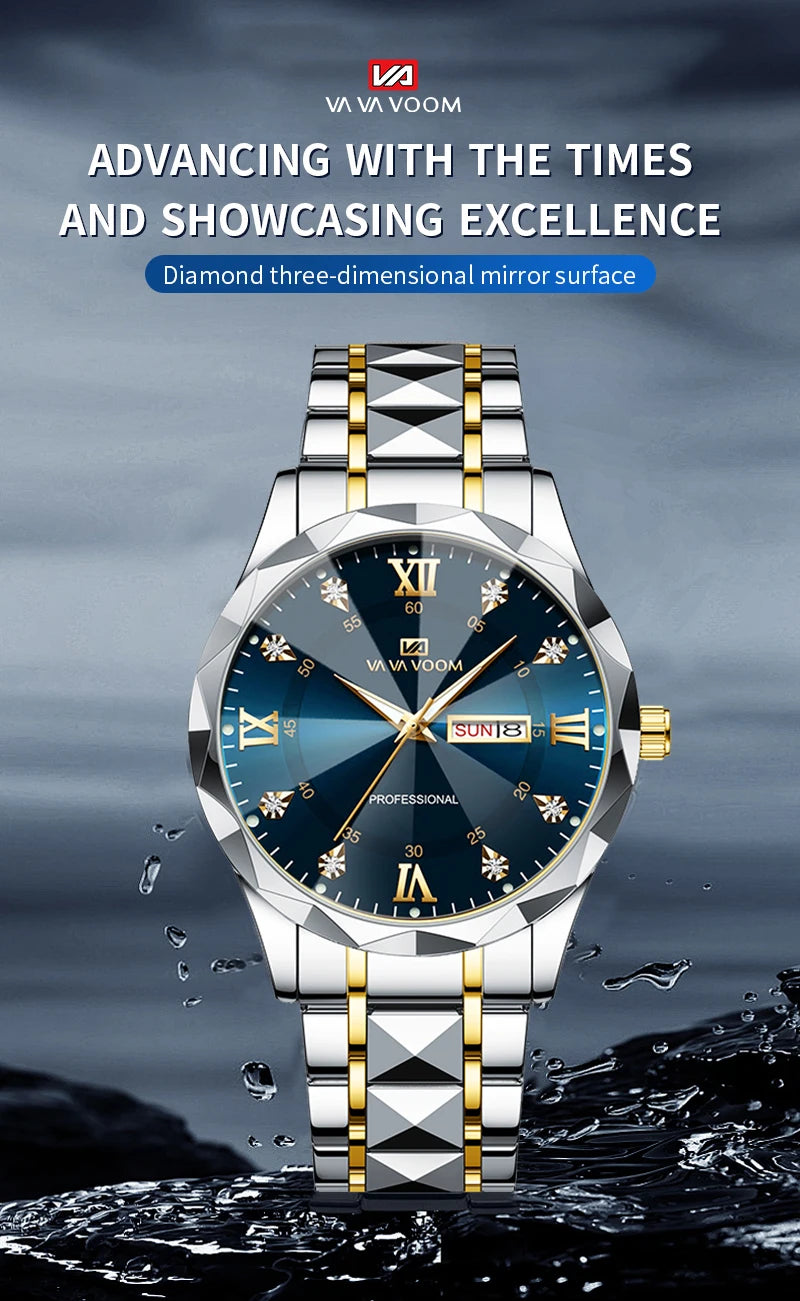 Men Watch Water Diamond Luxury Night Glow Double Calendar Quartz Movement 41mm Blue Gold Stainless Steel Fashion Business Watch