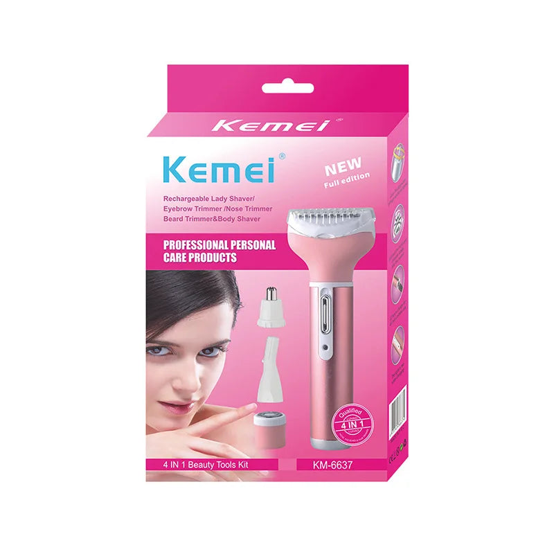 Kemei Multi-function 4in1 BeautyTrimmer Set Lady Shave Epilator Rechargeable for Legs Arms Armpit Bikini Backs Face Hair KM-6637