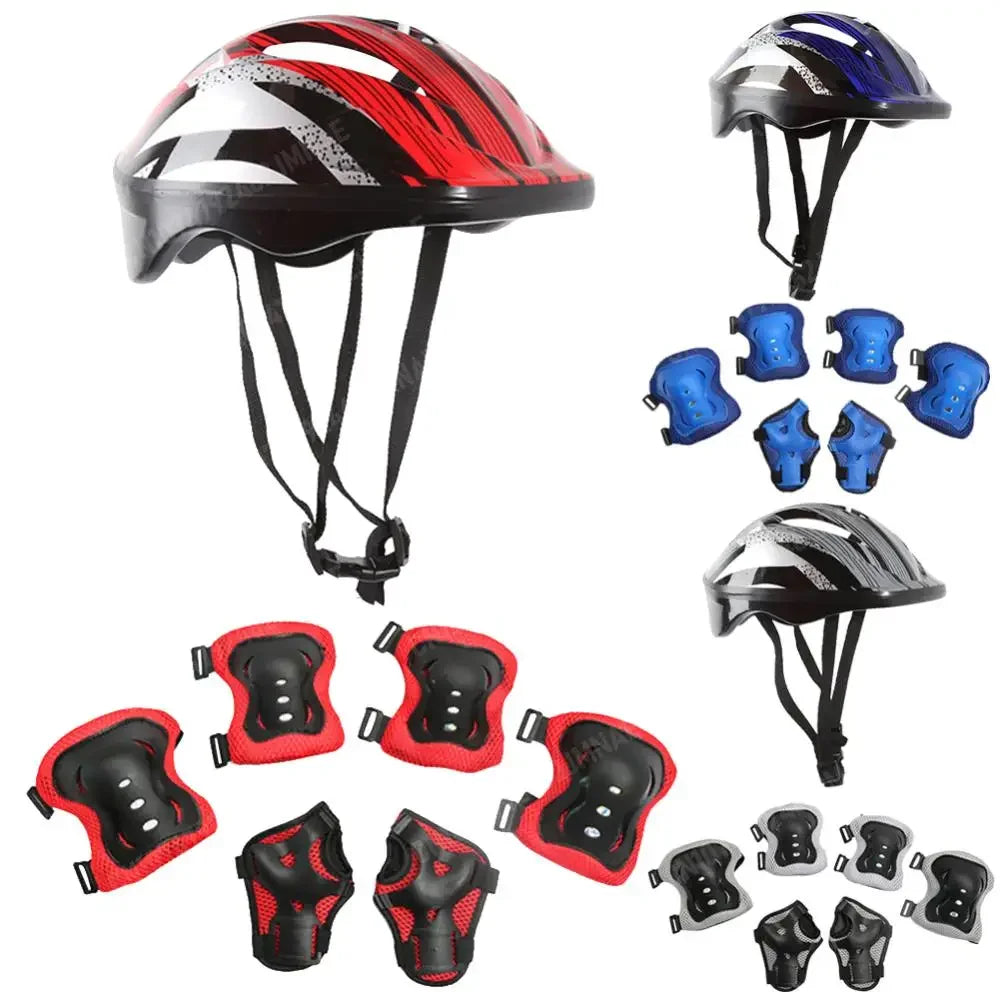 7Pcs Helmet Knee Elbow Protective Gear Set Adjustable Kids Bicycle Sport Protective Gear Set 48-55cm for Boys Girls 5-12 Years