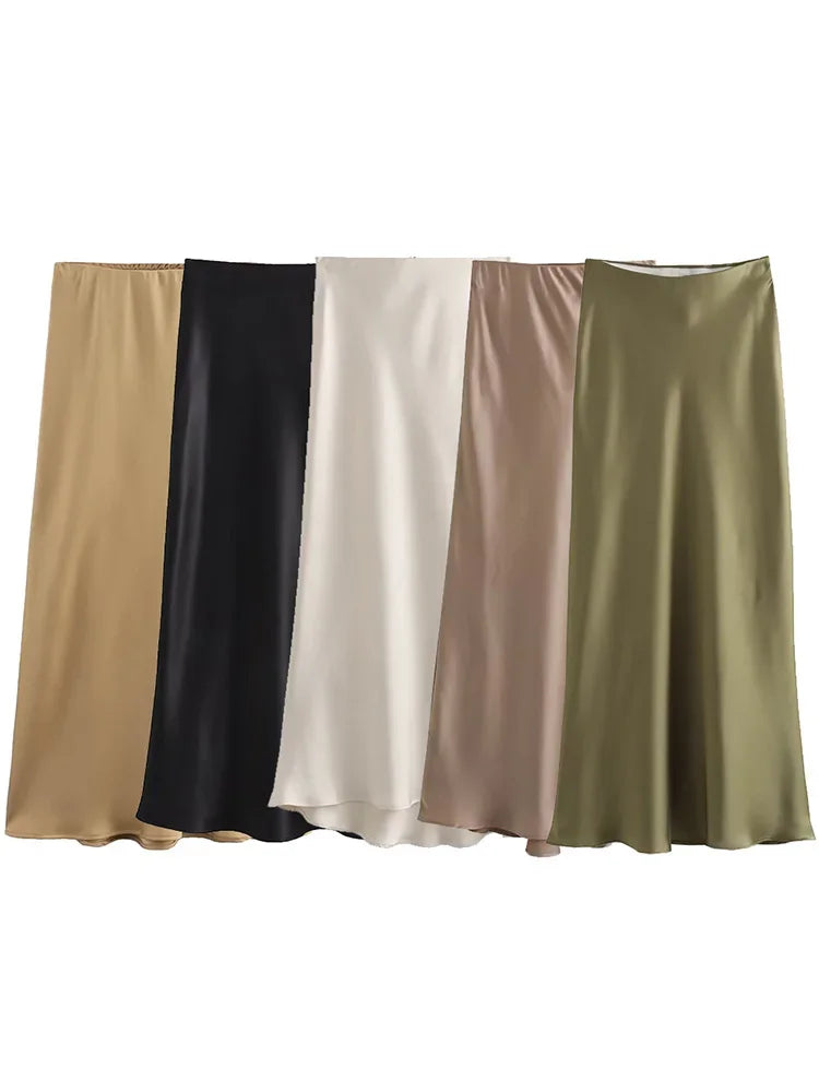 Willshela Women Fashion Satin Solid Pleated Midi Skirt Vintage Mid Elastic Waist Female Chic Lady Skirts