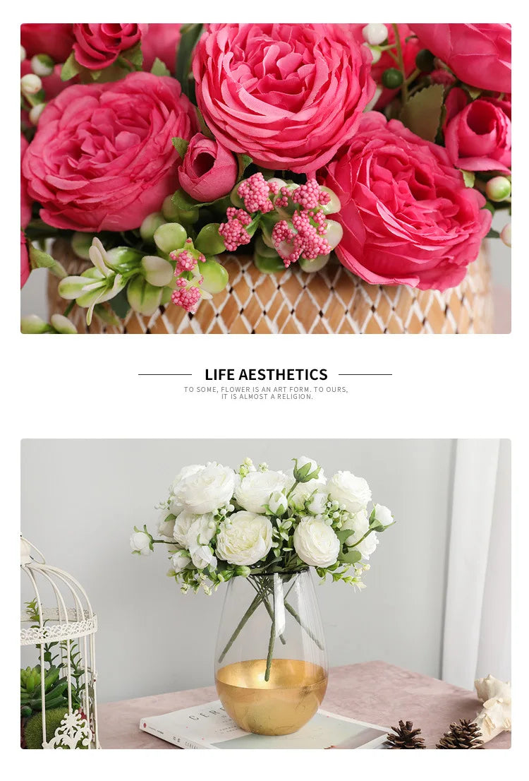 Hot Selling 1pcs/30cm Rose Pink Silk Bouquet Peony Artificial Flower 5 Big Head 4 Small Bud Bride Wedding Home Decoration Artifi