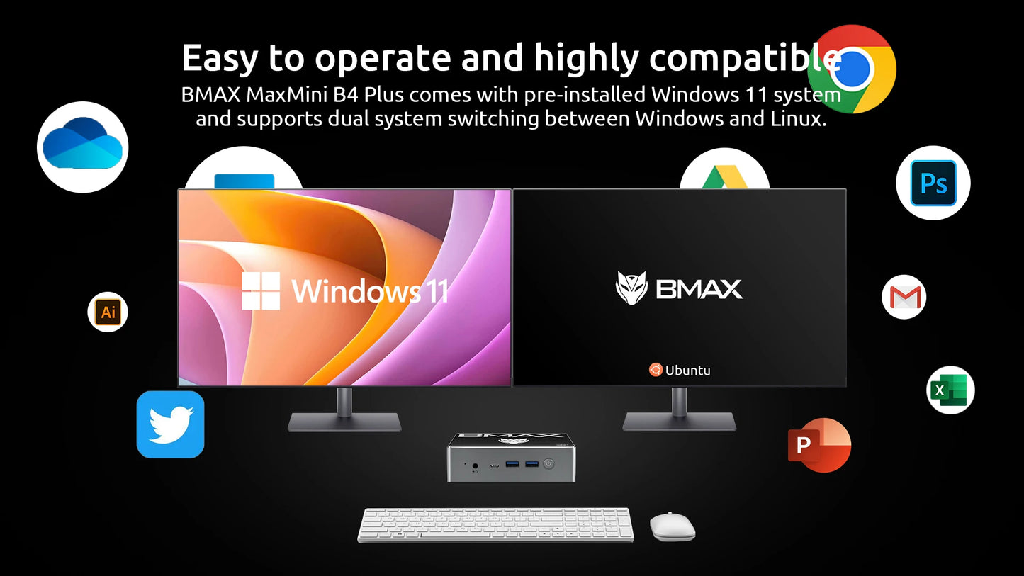 BMAX B4 Plus Mini PC Windows 11 PC Intel N100 16GB DDR4 512GB SSD 2*HDMI 1*Type-C Supports 4K@60Hz 750MHz Intel UHD Graphics