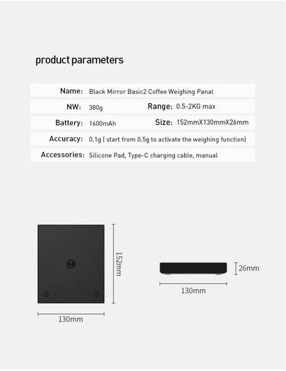 TIMEMORE Store Black Mirror Basic+2 Plus New Up Digital Coffee Food Kitchen Scale With Time  USB Light Weight Mini Digital Scale