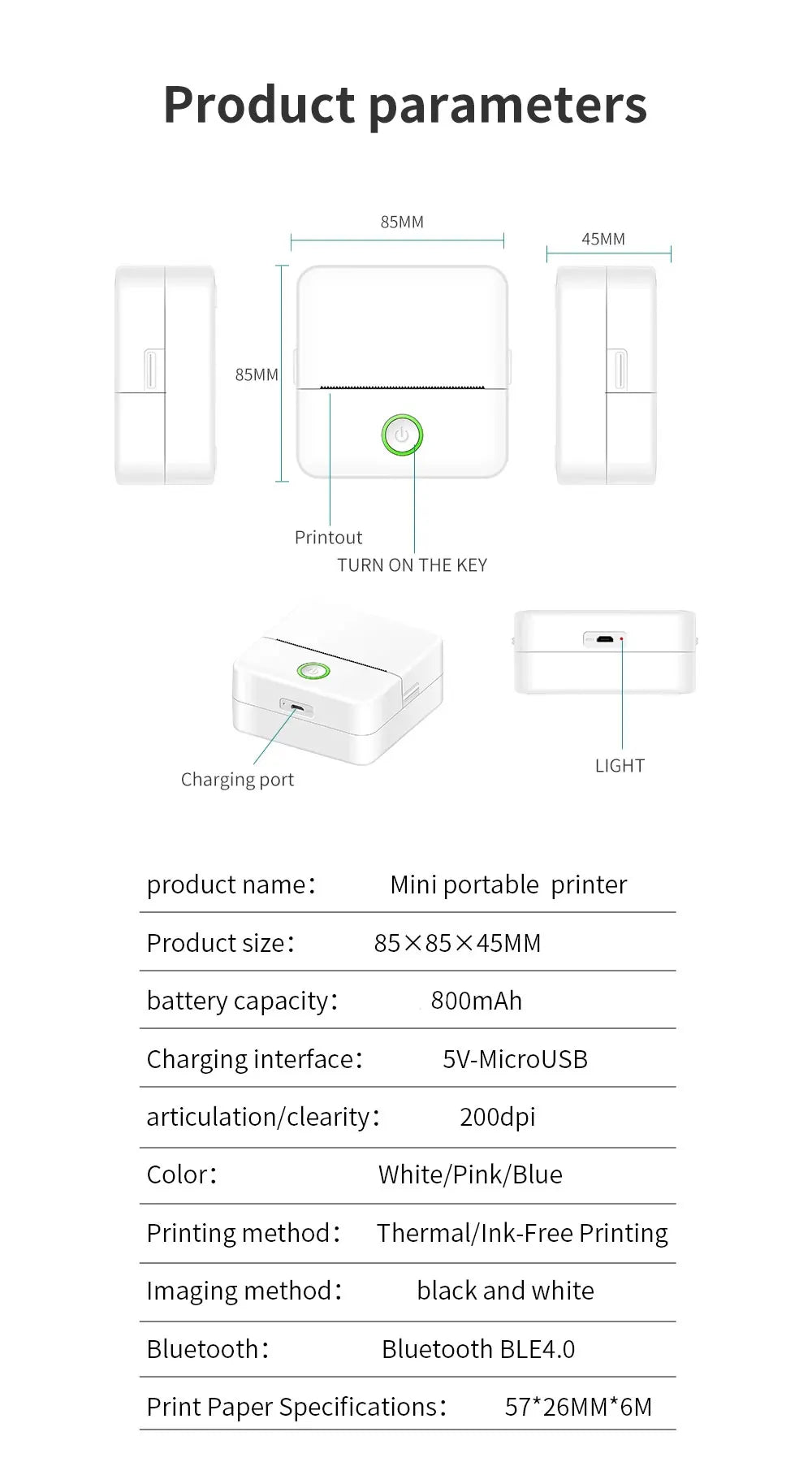 Mini HD Portable Label Thermal Printer Endurance Bluetooth Printer for Student Error Title Note Wrong Pocket Inkless Printing