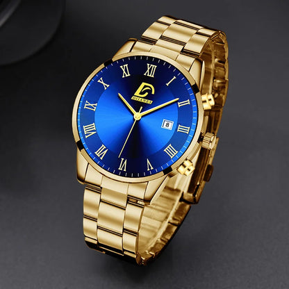 Fashion Mens Gold Stainless Steel Watches Luxury Minimalist Quartz Wrist Watch Men Business Casual Calendar Watch Reloj Hombre