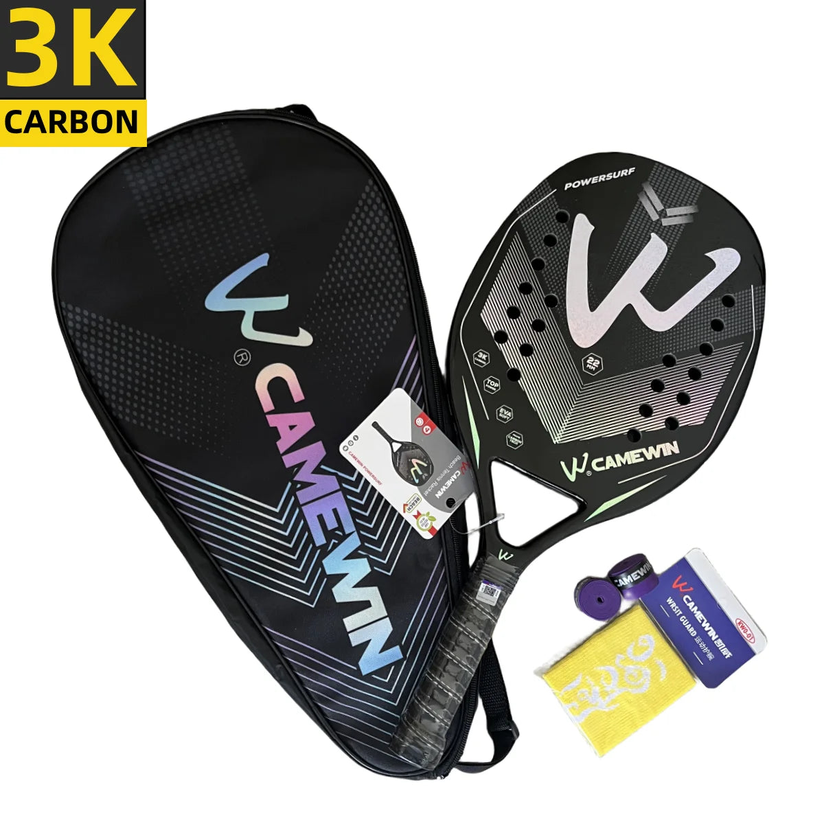 Racket Beach Tennis Camewin 3K Holographic Full Carbon Fiber Frame Feminino Masculina Kit Rude Surface Treatment Beginner