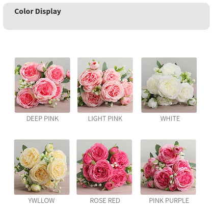 Hot Selling 1pcs/30cm Rose Pink Silk Bouquet Peony Artificial Flower 5 Big Head 4 Small Bud Bride Wedding Home Decoration Artifi