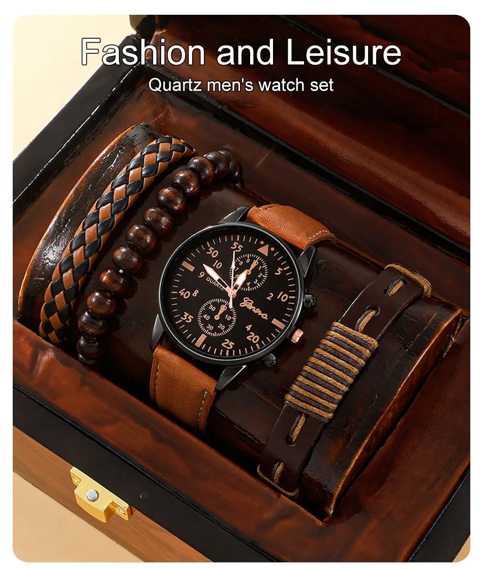 New Men Watch Luxury Bracelet Set Fashion Business Brown Leather Quartz Wrist Watches for Men Gift Set Relogio Masculino