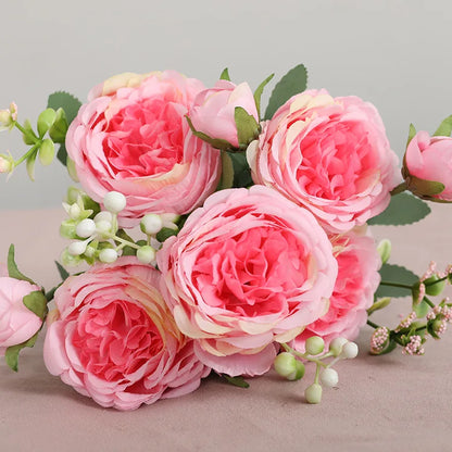 Hot Selling 1pcs/30cm Rose Pink Silk Bouquet Peony Artificial Flower 5 Big Head 4 Small Bud Bride Wedding Home Decoration Artifi