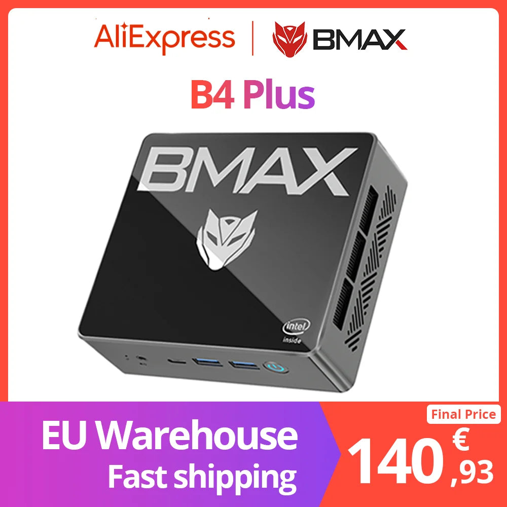 BMAX B4 Plus Mini PC Windows 11 PC Intel N100 16GB DDR4 512GB SSD 2*HDMI 1*Type-C Supports 4K@60Hz 750MHz Intel UHD Graphics