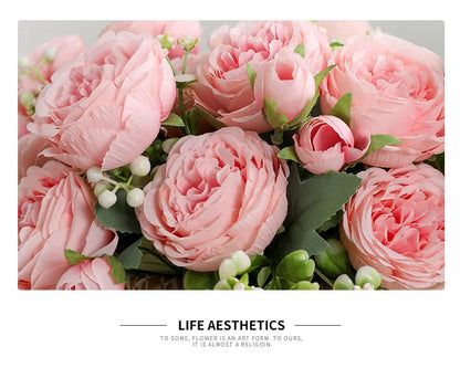 Hot Selling 1pcs/30cm Rose Pink Silk Bouquet Peony Artificial Flower 5 Big Head 4 Small Bud Bride Wedding Home Decoration Artifi