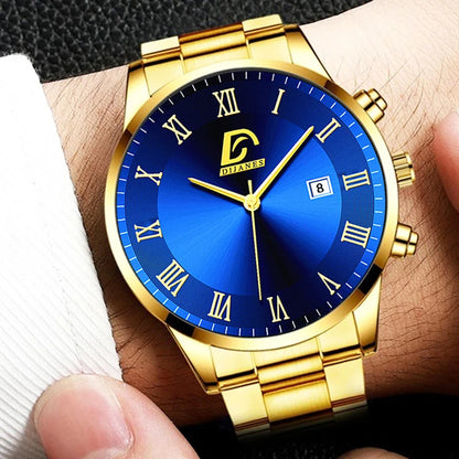 Fashion Mens Gold Stainless Steel Watches Luxury Minimalist Quartz Wrist Watch Men Business Casual Calendar Watch Reloj Hombre