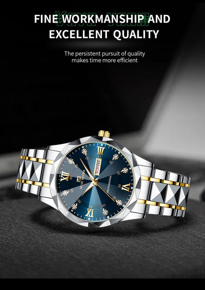 Men Watch Water Diamond Luxury Night Glow Double Calendar Quartz Movement 41mm Blue Gold Stainless Steel Fashion Business Watch