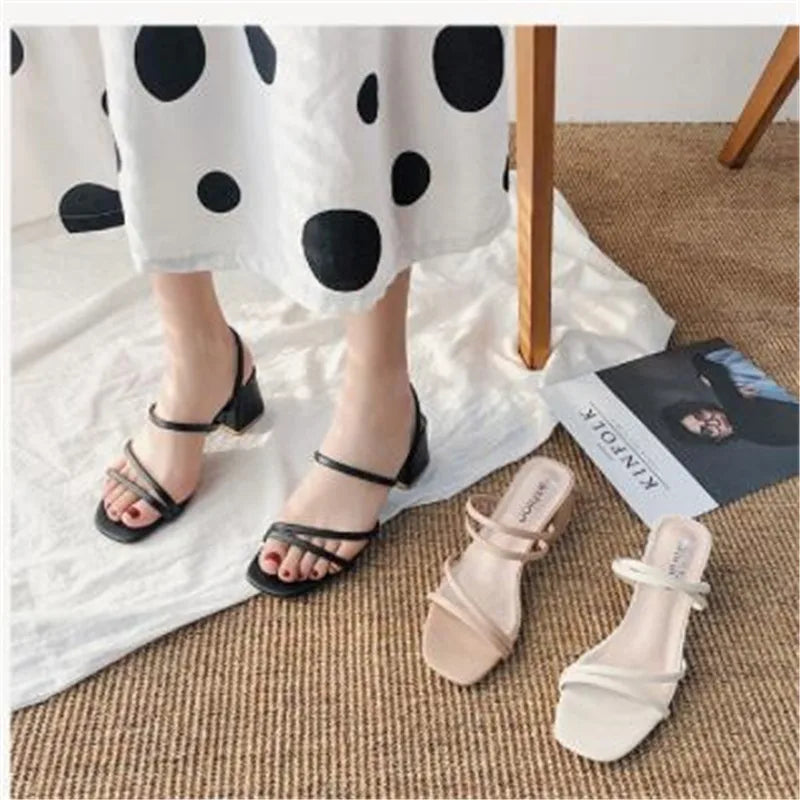 Women Sandals Ladies Square Heels Elegant Summer Slippers Outside Cross Tied Leather Female Slides 2023 Fashion Woman Sandals