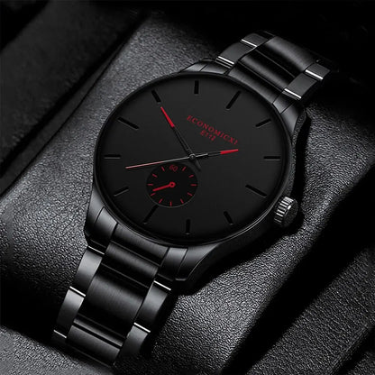 3Pcs Men's Casual Simple Business Three-eye Digital Pointer Steel Band Quartz Watch Fashion Cross Necklace Bracelet Set