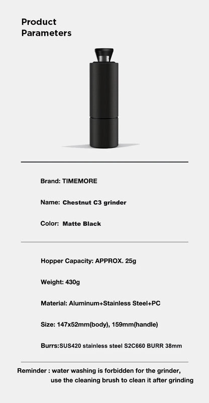 TIMEMORE Chestnut C3 Manual Coffee Grinder S2C Burr Inside High Quality Portable Hand Grinder With Double Bearing Positioning