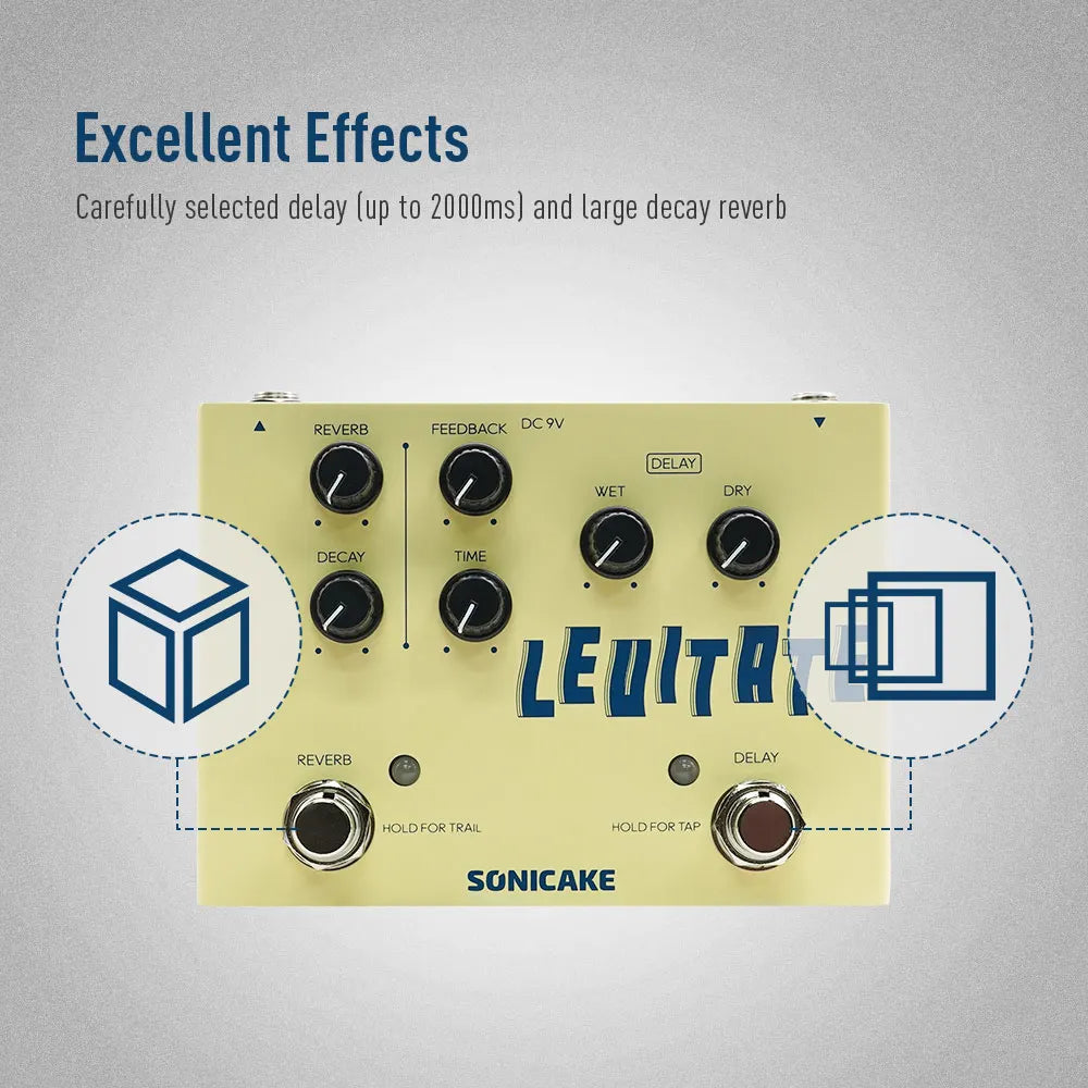 SONICAKE Levitate Dual Footswitch Stompbox Digital Delay and Reverb Guitar Effects Pedal QDS-02