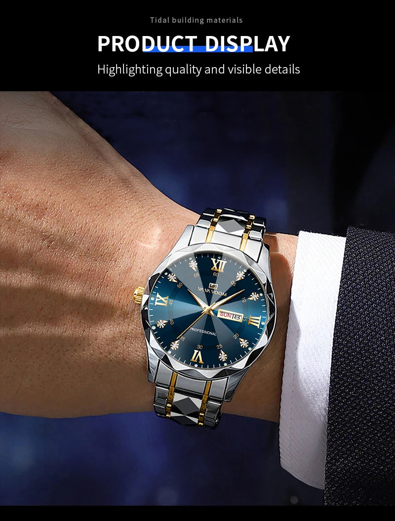 Men Watch Water Diamond Luxury Night Glow Double Calendar Quartz Movement 41mm Blue Gold Stainless Steel Fashion Business Watch