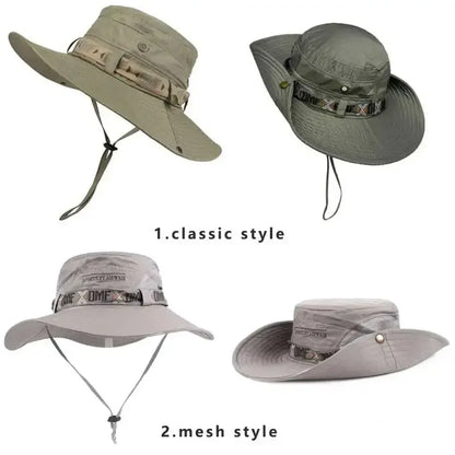 Summer Men Bucket Hat Outdoor UV Protection Wide Brim Panama Safari Hunting Hiking Hat Mesh Fisherman Hat Beach Sunscreen Cap