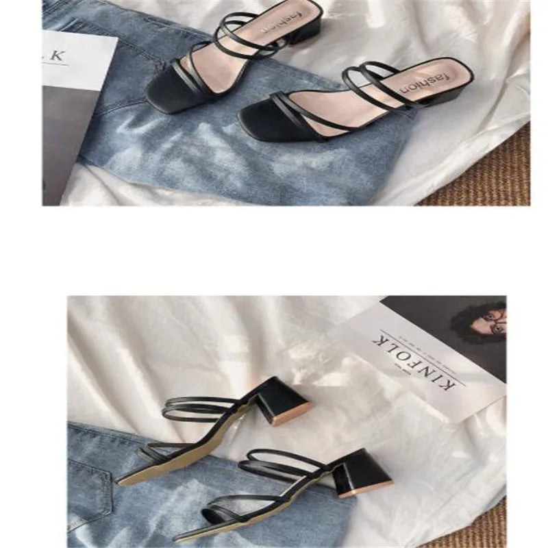 Women Sandals Ladies Square Heels Elegant Summer Slippers Outside Cross Tied Leather Female Slides 2023 Fashion Woman Sandals