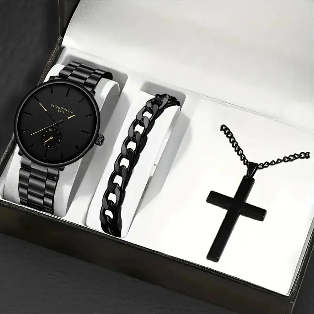 3Pcs Men's Casual Simple Business Three-eye Digital Pointer Steel Band Quartz Watch Fashion Cross Necklace Bracelet Set