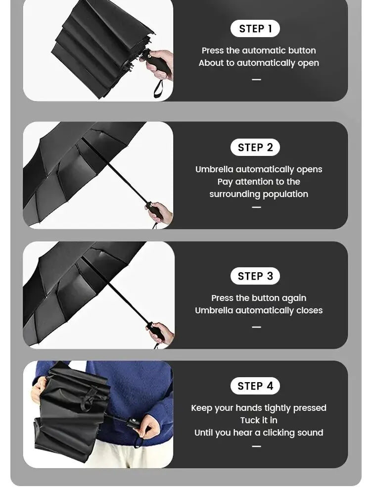 12 Bone Black Glue Fully Automatic Umbrella With Thick And Durable Keel Three Fold Umbrella UV Resistant Folding Umbrella