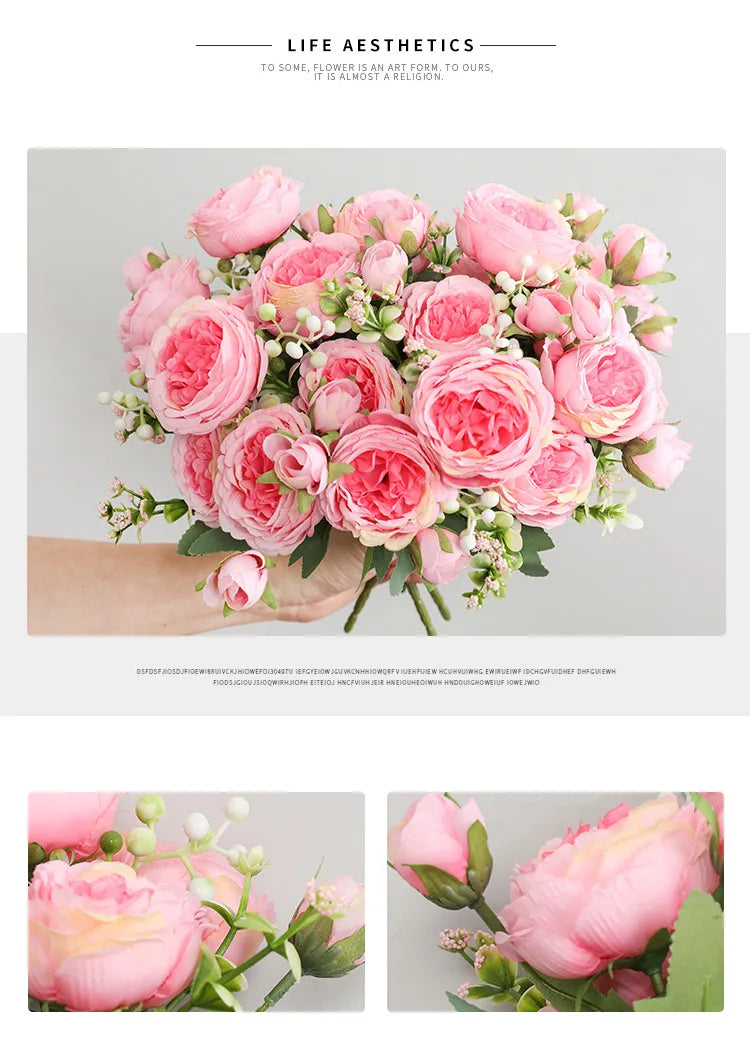 Hot Selling 1pcs/30cm Rose Pink Silk Bouquet Peony Artificial Flower 5 Big Head 4 Small Bud Bride Wedding Home Decoration Artifi