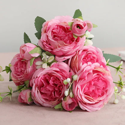 Hot Selling 1pcs/30cm Rose Pink Silk Bouquet Peony Artificial Flower 5 Big Head 4 Small Bud Bride Wedding Home Decoration Artifi