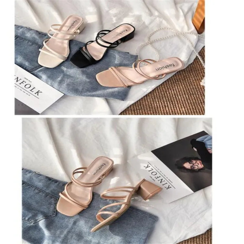 Women Sandals Ladies Square Heels Elegant Summer Slippers Outside Cross Tied Leather Female Slides 2023 Fashion Woman Sandals