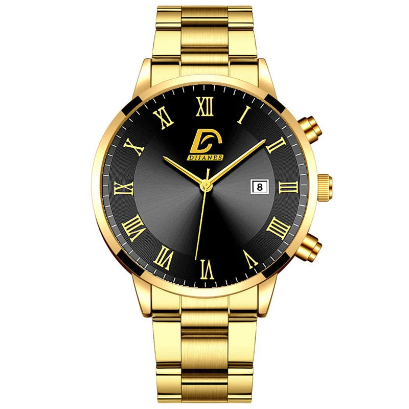 Fashion Mens Gold Stainless Steel Watches Luxury Minimalist Quartz Wrist Watch Men Business Casual Calendar Watch Reloj Hombre