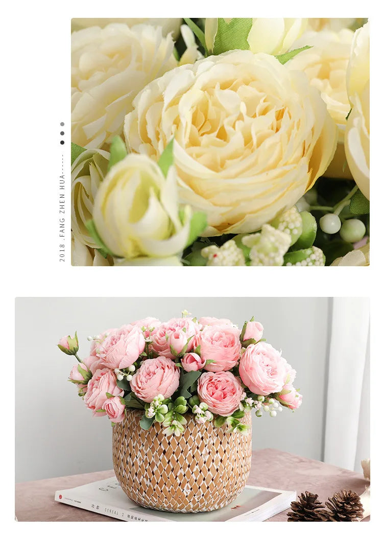 Hot Selling 1pcs/30cm Rose Pink Silk Bouquet Peony Artificial Flower 5 Big Head 4 Small Bud Bride Wedding Home Decoration Artifi