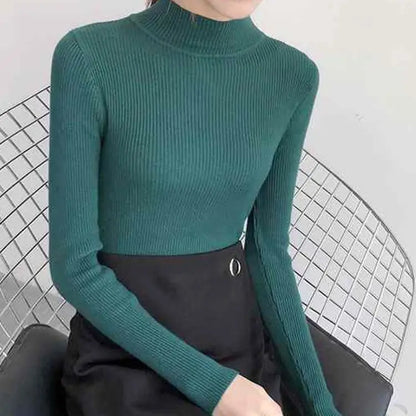 Autumn Winter Mock Neck Women Sweater Vintage Basic Solid Knitted Tops Casual Slim Pullover Korean Sweaters Simple Chic Jumpers