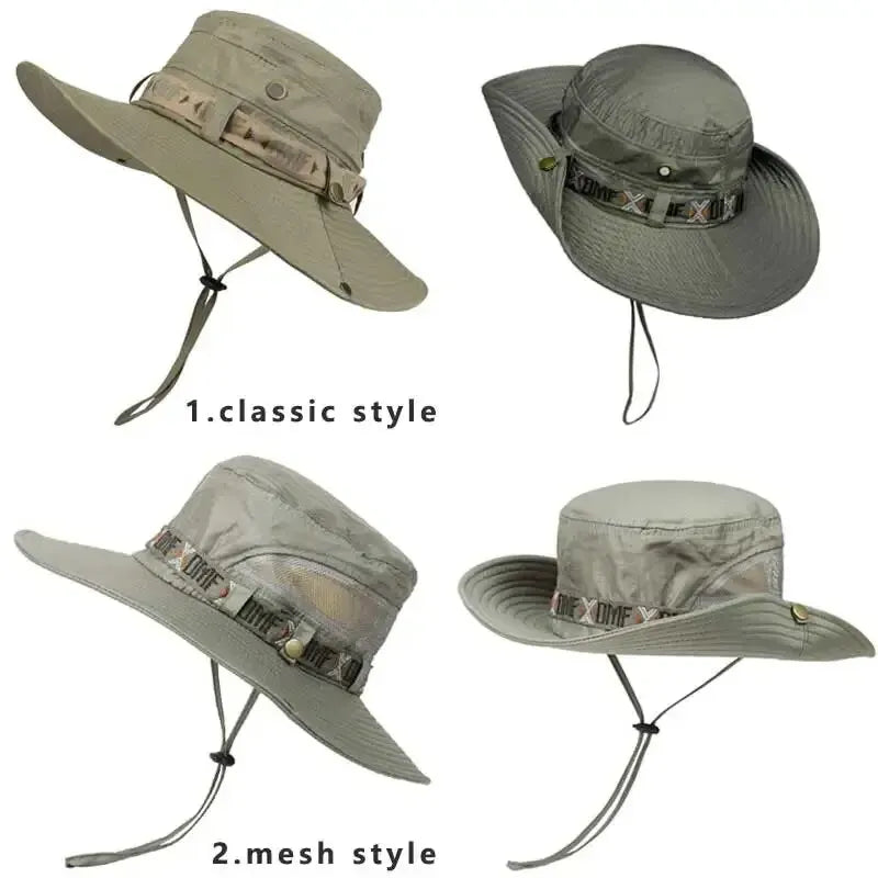 Summer Men Bucket Hat Outdoor UV Protection Wide Brim Panama Safari Hunting Hiking Hat Mesh Fisherman Hat Beach Sunscreen Cap