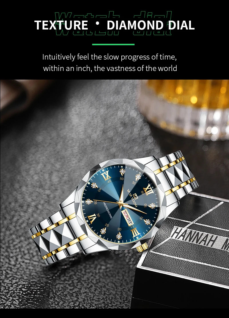 Men Watch Water Diamond Luxury Night Glow Double Calendar Quartz Movement 41mm Blue Gold Stainless Steel Fashion Business Watch