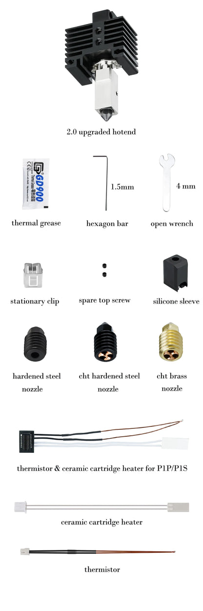 For Bambu Lab Hotend Upgrade 2.0 Version Cht nozzle bambulab Bi Metal Fit Bamboo Bambulabs X1 X1C P1P P1S hotend P1P Thermistor