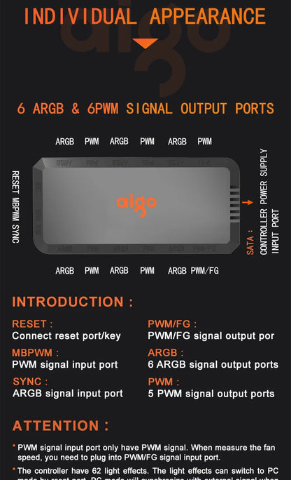 Aigo APC1 4Pin PWM 6 ARGB Ports 3Pin 5v Speed Controller Universal Computer Regulator PC Case Cooling Fan Hub remote control