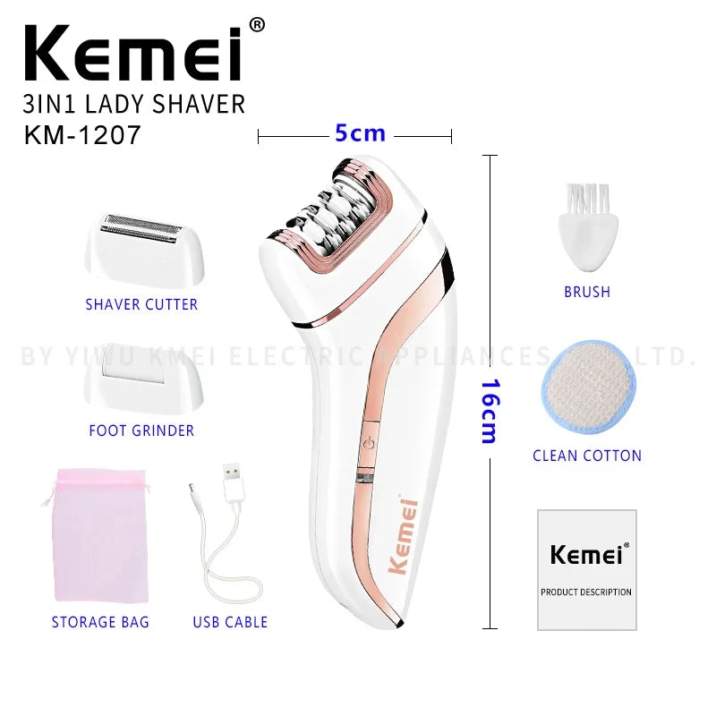 Kemei KM-1207 Household 3 In1 Electric Shaver Lady Care Electric Shaver Portable Multi-Function Lady Electric Shaver