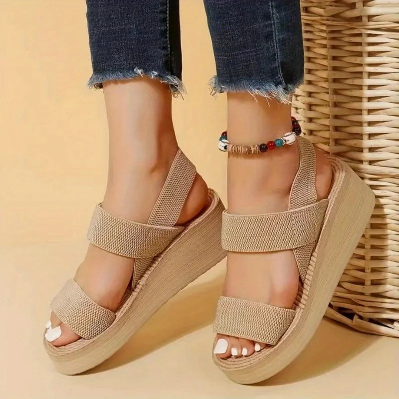 1pair Women's Minimalist Wedge Sandals Open Toe Thick Soled Platform Casual Sandals Ankle Strap Slingback Sandals Solid Color