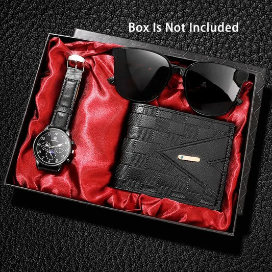 Fashion Mens Watches Wallet Glasses For Men Retro Black Bussiness Quartz Watch Male Casual Watch Relogio Masculino