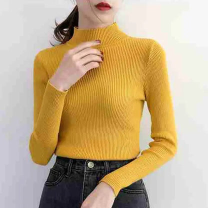 Autumn Winter Mock Neck Women Sweater Vintage Basic Solid Knitted Tops Casual Slim Pullover Korean Sweaters Simple Chic Jumpers