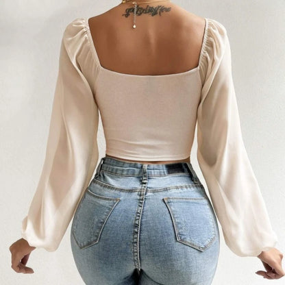 ALLUKASA Sexy Mesh Lantern Sleeves Drawstring Wrap Chest Bare Midriff T Shirt Women Long Sleeves Bottoming