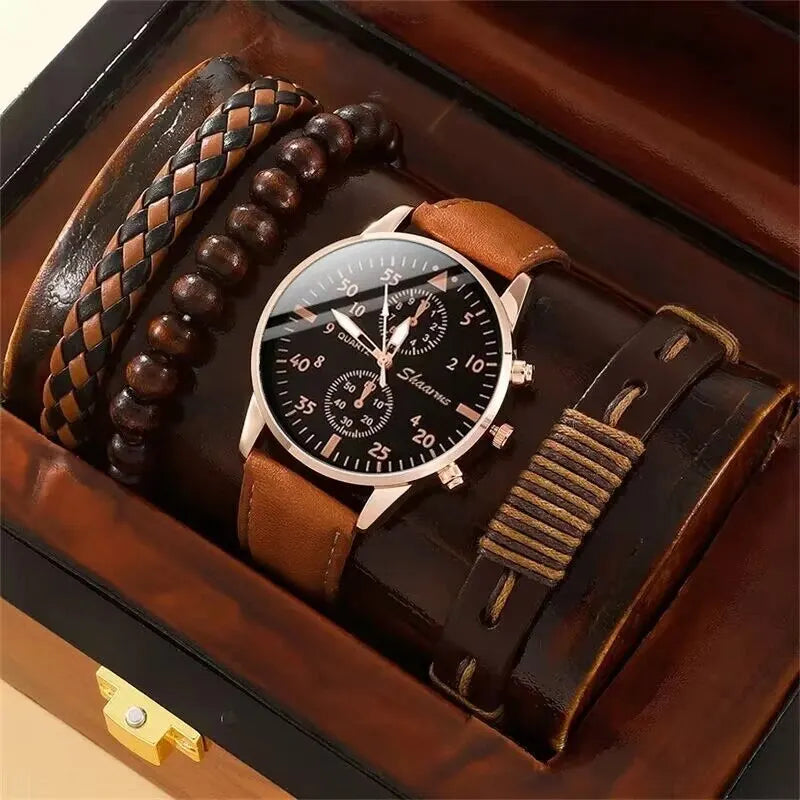 New Men Watch Luxury Bracelet Set Fashion Business Brown Leather Quartz Wrist Watches for Men Gift Set Relogio Masculino