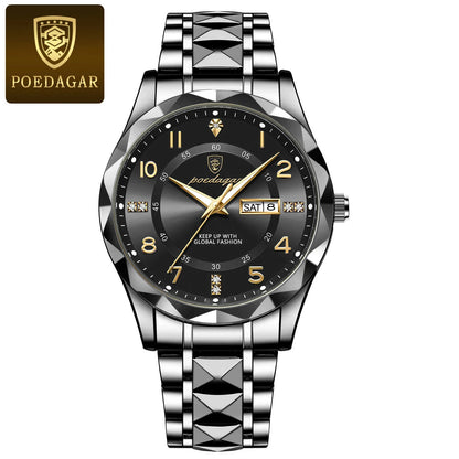 POEDAGAR Luxury Men Quartz Watch Waterproof Date Week Luminous Wristwatch Stainless Steel Men's Watches Male Clock Sports Reloj