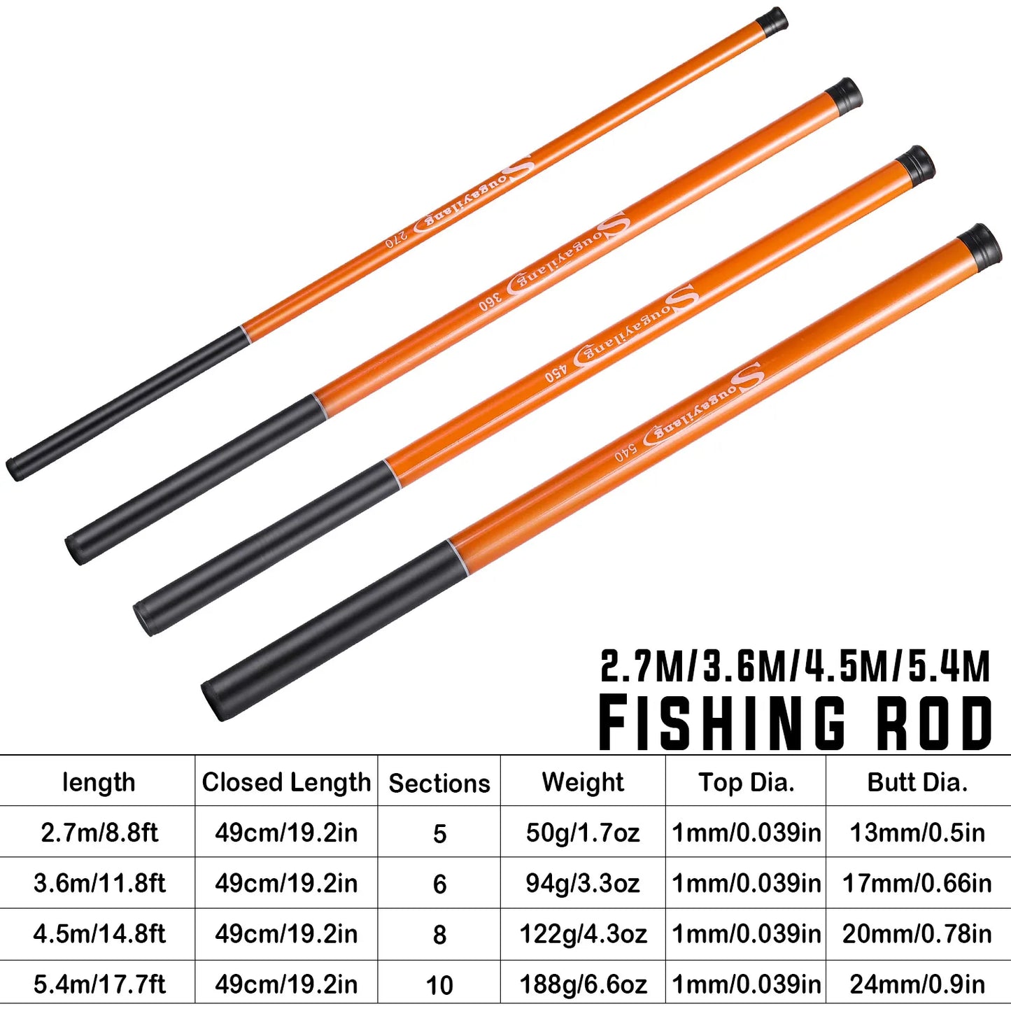 Sougayilang Carp Fishing Rod 2.7/3.6/4.5/5.4M Hard Carbon Fiber Portable Ultra Light Telescopic Pole Max Drag 5Kg Fishing Tools