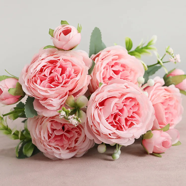 Hot Selling 1pcs/30cm Rose Pink Silk Bouquet Peony Artificial Flower 5 Big Head 4 Small Bud Bride Wedding Home Decoration Artifi