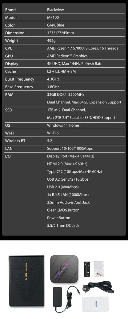 [World Premiere] Blackview Mini PC MP100 AMD R7 5700U Mini PC 8-Core 16-thread 16GB /32GB DDR4 512GB/1TB SSD Mini Computer PC