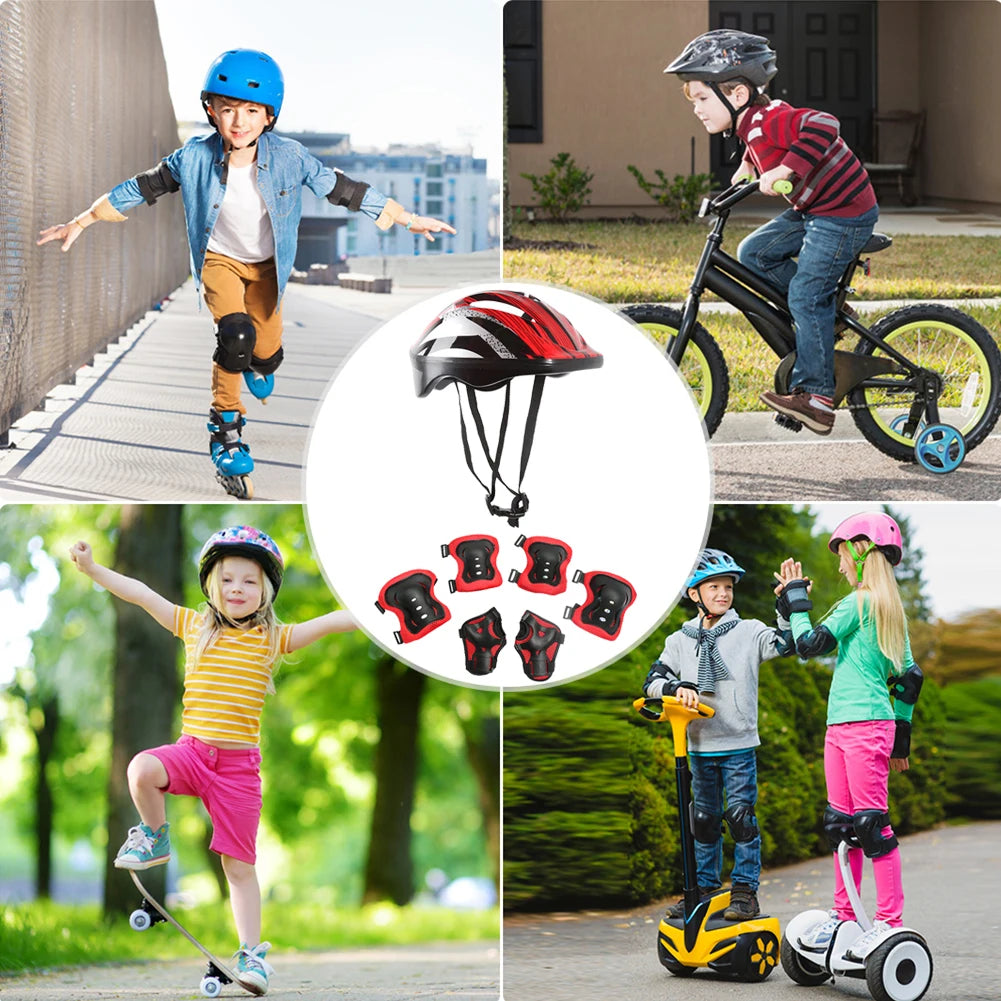 7Pcs Bicycle Sport Protective Gear Set with Wrist Guards Kids Skateboard Scooter Helmet Set Adjustable for Boys Girls 5-12 Years